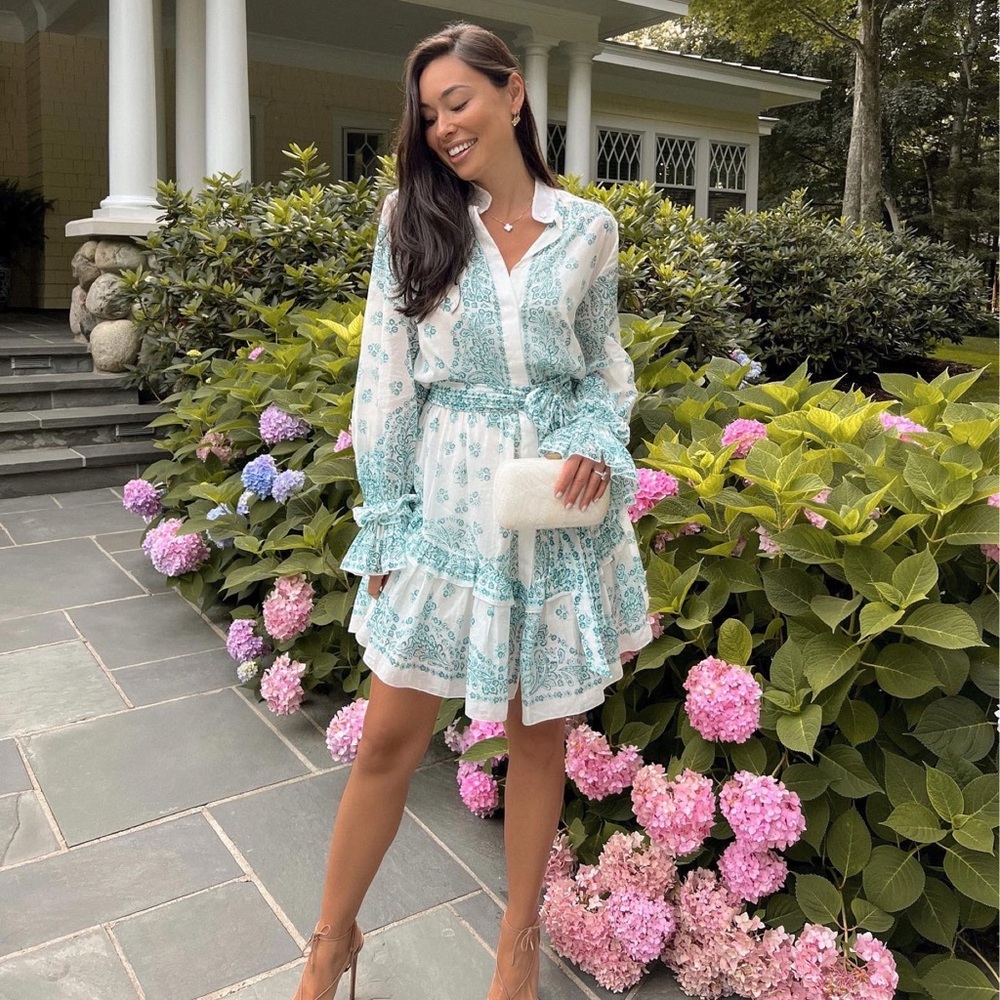 White & Teal Printed Tiered Tie-Waist Midi Dress with Long Sleeves